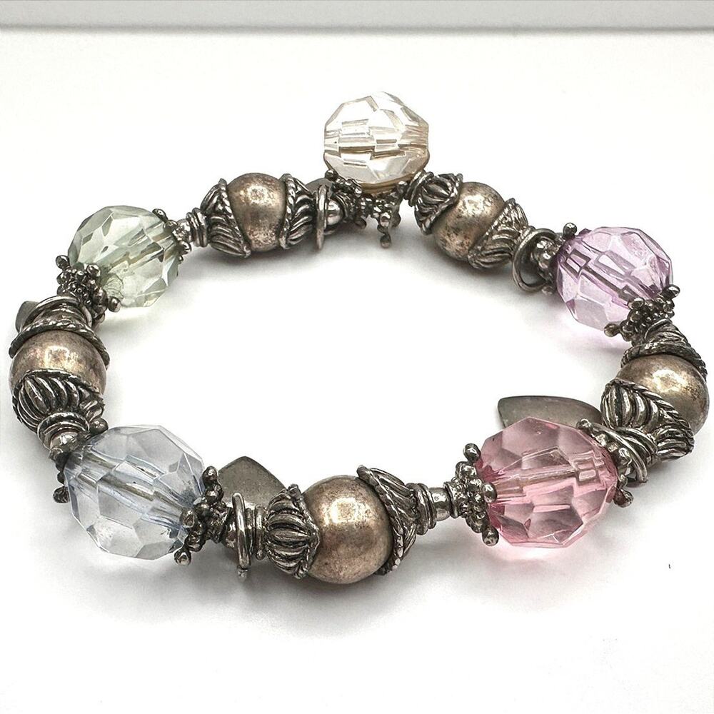 Vintage 90s Beaded Charm Bracelet Silver Tone Heart Boho Women's Classic Jewelry